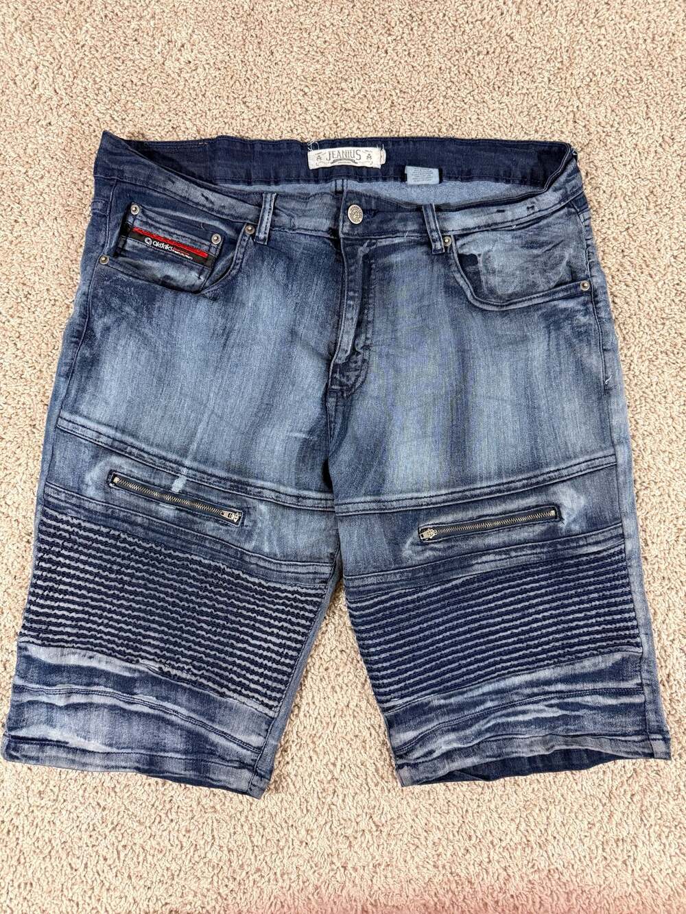 Akademiks Jeanious Moto Denim Shorts Mens 38 Biker‎ Ribbed Zipper Panel EUC